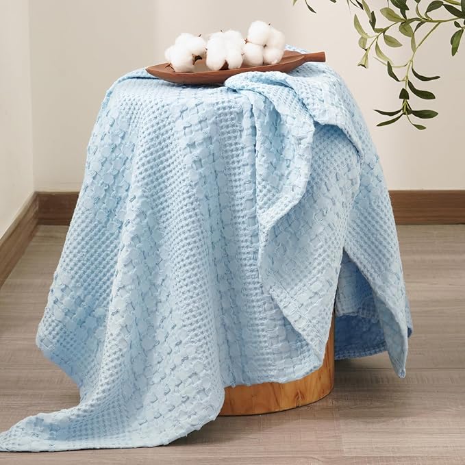 PHF 100% Cotton Waffle Weave Throw Blanket, Soft Lightweight Breathable Cozy Summer Throws for Couch Bed Sofa, Luxury Aesthetic Woven Blanket for Home Decor & Office, 50"x60", Baby Blue