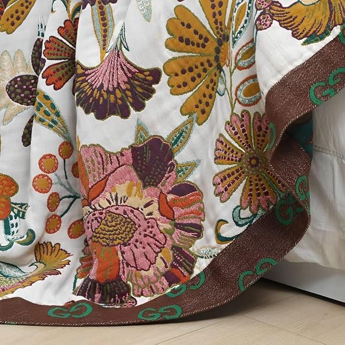 Fall Throw Blankets for Bed Couch, 100% Organic Cotton Breathable Woven Throw Blankets 80"x90", Versatile Boho Quilt for Travel Picnic,Home Decor Lightweight Farmhouse Muslin Blankets
