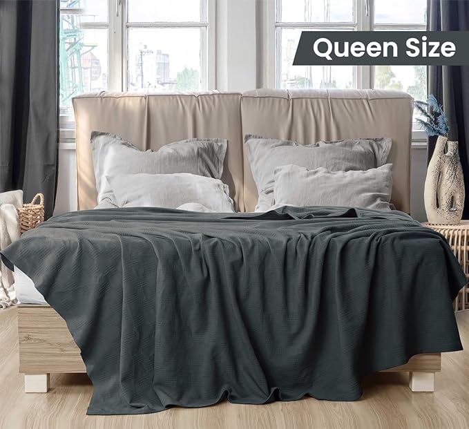 Utopia Bedding Smoke Gray 100% Cotton Blanket [Queen Size - 90x90 Inch] 350GSM Lightweight, Soft and Breathable Thermal Blanket for All Seasons
