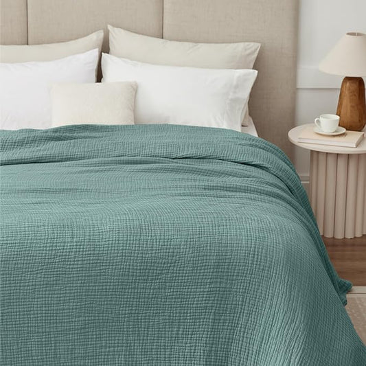 100% Cotton Muslin Blanket Queen 90" x 90", 6 Layers Breathable and Lightweight Cotton Throw Blanket for Bed, Soft Quilt Bedspread Coverlet, Gauze Blanket for Adults All Season, Teal
