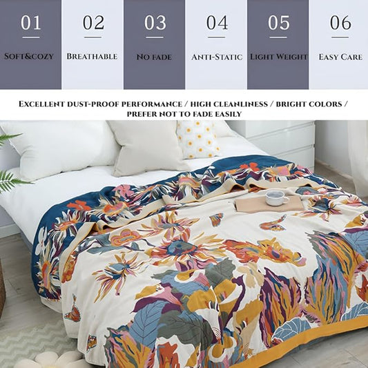 Summer Boho Throw Blankets for Bed 90"x98",100% Cotton Blanktes for Bed Lightweight Ultra Soft Cotton Quilts Knitted Travel Muslin Farmhouse Cozy Blanket
