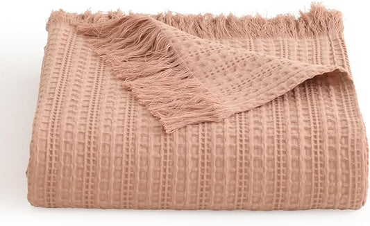 100% Cotton Waffle Blanket with Fringe, Pre-Washed Waffle Weave Blanket for All Season, Lightweight Breathable Soft Cozy Throw Blanket for Couch, Bed, Travel (Dusty Pink - 66x90 Inches)