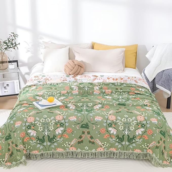 Green Boho Throw Blankets for Bed Couch, 100% Organic Cotton Breathable Woven Throw Blankets 80"x90", Versatile Boho Quilt for Travel Picnic,Home Decor Lightweight Farmhouse Muslin Blankets