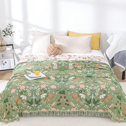 Green Boho Throw Blankets for Bed Couch, 100% Organic Cotton Breathable Woven Throw Blankets 80"x90", Versatile Boho Quilt for Travel Picnic,Home Decor Lightweight Farmhouse Muslin Blankets