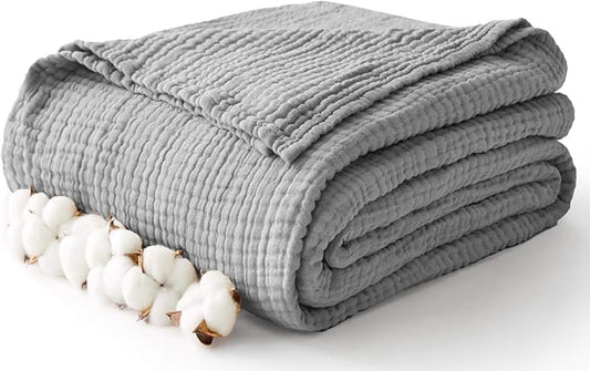 100% Cotton Muslin Blanket Twin XL 66" x 90", Breathable and Cooling Bed Blankets, Soft Boho Coverlet Bedspread, Gauze Bedding for Adults All Season, Grey