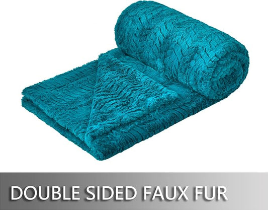 YUSOKI Luxury Faux Fur Blanket for Queen Size Bed 2 Layers,7.3lb,All Ages,Home Decoration Without Pillows (Teal,90"x90")
