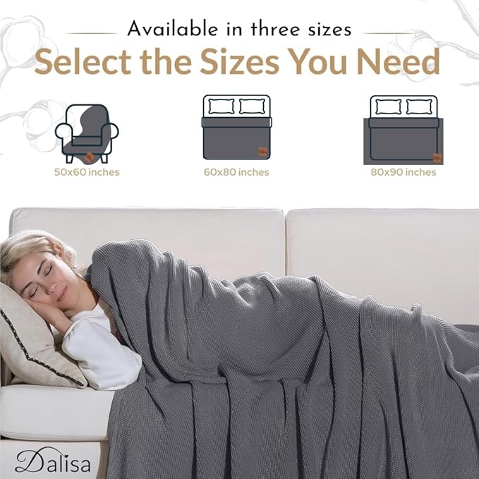 100% Organic Turkish Cotton Throw Blanket - GOTS Certified, Cozy - Perfect for Couch, Bed, and Home Decor - Boho Vintage Knit Alina (Dark Grey, 80x90)