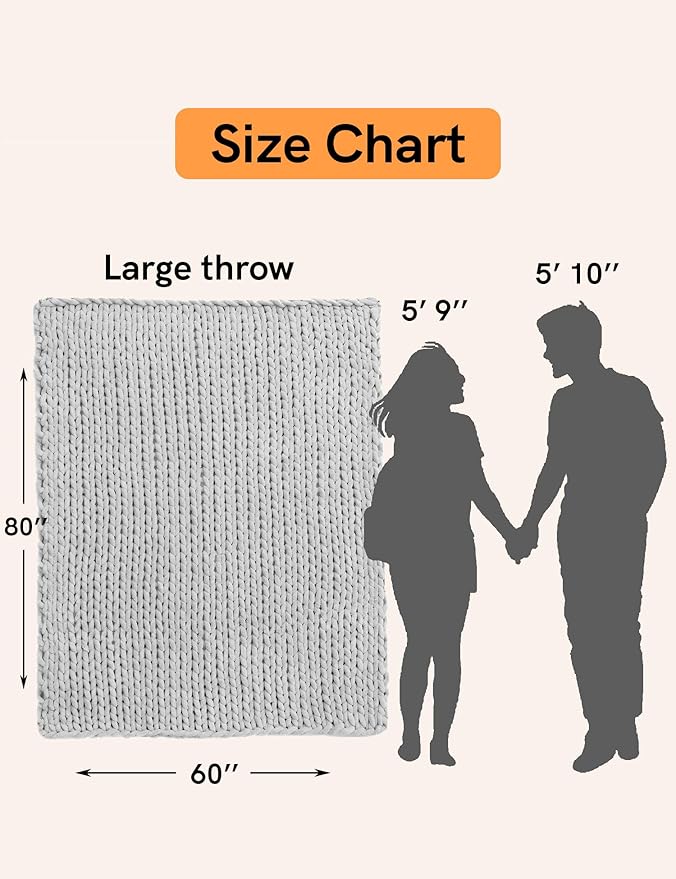 YnM Chunky Throw Blanket, Hand Knitted with Chenille Yarn, Skin Friendly, Ventilated and Breathable, Machine Washable, Home Décor Piece for Couch, Sofa and Bed (Glacier Grey, 60x80 Inch)
