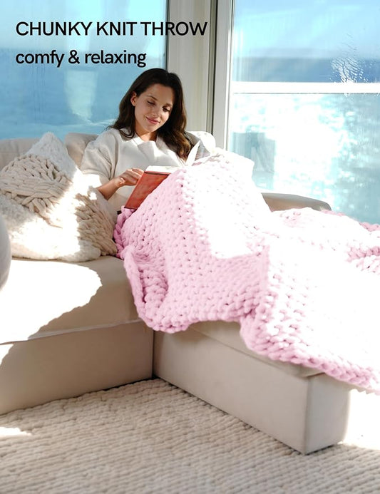 YnM Chunky Throw Blanket, Medium-Weight, Hand Knitted with Chenille Yarn, Skin Friendly, Ventilated and Breathable, Machine Washable, Home Décor Piece for Couch, Sofa and Bed (Petal Pink, 60x80 Inch)