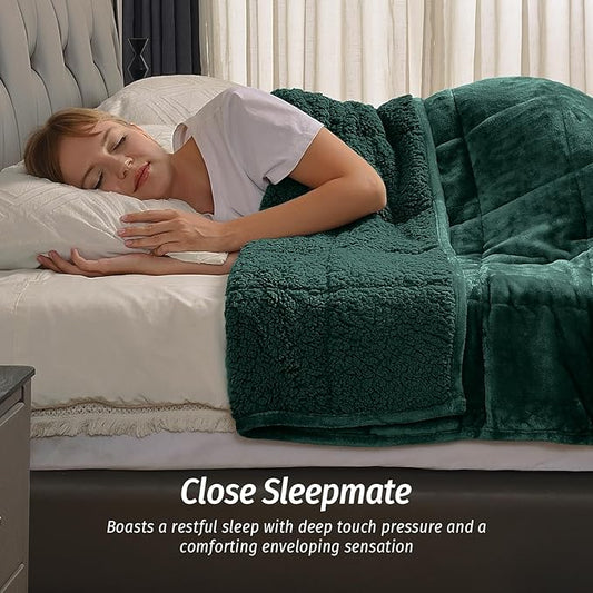 Wemore Sherpa Fleece Weighted Blanket for Adult, 20 lbs Dual Sided Cozy Fluffy Heavy Blanket, Ultra Fuzzy Throw Blanket with Soft Plush Flannel Top, 60 x 80 inches, Green on Both Sides