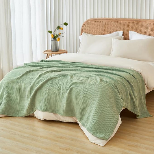 EMME Cotton Queen Size Bed Blanket - Soft, Breathable, All Season Gauze, 80"x90", Sage Green