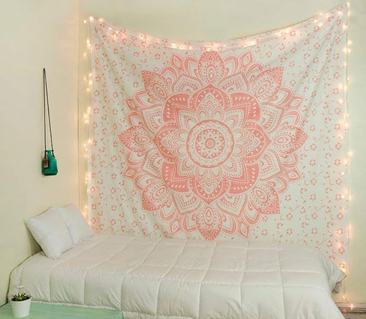 raajsee Glittering Rose Gold Pink Tapestry Wall Hanging Mandala-Bohemian Room Decor-Indian Cotton Throw Hippie Tapestries -Boho Bedding White Golden Queen Bedspread 82x92 inches