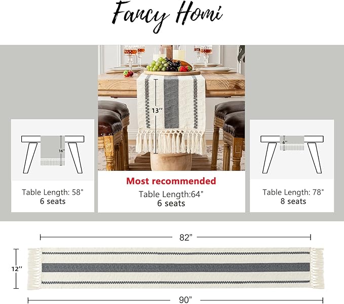 Fancy Homi Grey Table Runner 90 Inches Long Boho Macrame Table Runner for Home Decor, Farmhouse Table Runners with Tassels for Party Bohemian Rustic Bridal Shower Dining Decor 12x90 Inches
