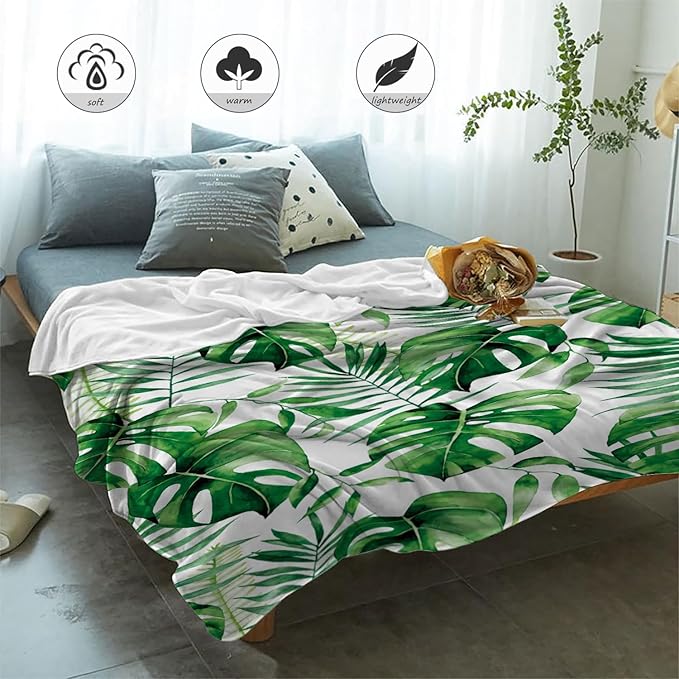 Neatee Living Tropical Leaf Throw Blanket King Size Green White Plant Blanket for Bed Couch Soft Cozy Fuzzy Plush Fleece Blanket Large Oversized Decorative Spring Summer Gift Blanket 90x108