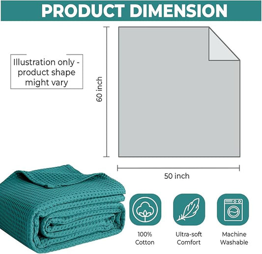 100% Cotton Blankets for Throw Size Bed - Waffle Weave Blankets for Summer, Lightweight and Breathable Soft Woven Blanket for Spring (Teal, Throw (50" x 60")