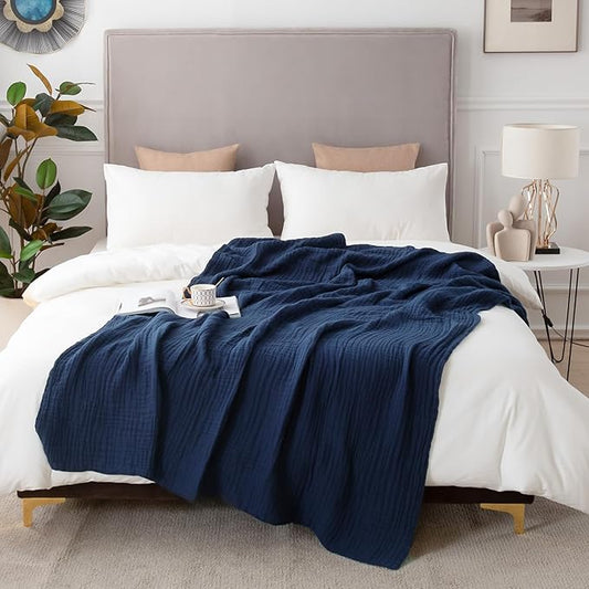 EMME Cotton Muslin Blanket King Size - Soft, Breathable Layering Blanket, 108"x90", All Season Gauze, Navy