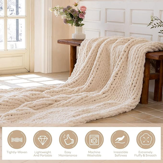 Chunky Knit Blanket - Luxury Soft Cozy King Size(60 * 80) Throw Blanket,100% Woven Blanket Rope Knot Throw Blanket for Couch, Sofa, Home Decor, Gift - Machine Washable（Cream）