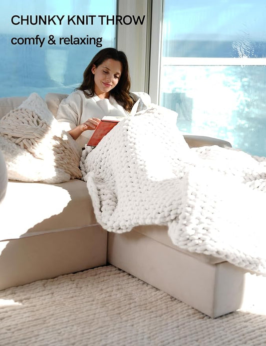 YnM Chunky Throw Blanket, Medium-Weight, Hand Knitted with Chenielle Yarn, Skin Friendly, Ventilated and Breathable, Machine Washable, Home Décor Piece for Couch, Sofa and Bed (White, 80x87 Inch)