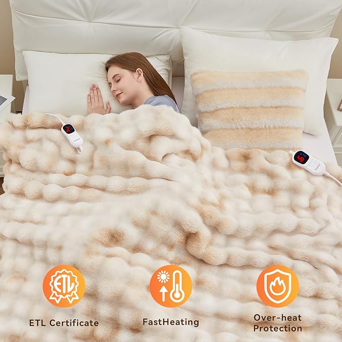 Heated Blanket Throw with 1/2/4/6/8 Hours Auto-Off 10 Heat Level, 90'' * 100'' Cozy Faux Rabbit Fur Bubble Electric Blanket with Overheat Protection(Beige)