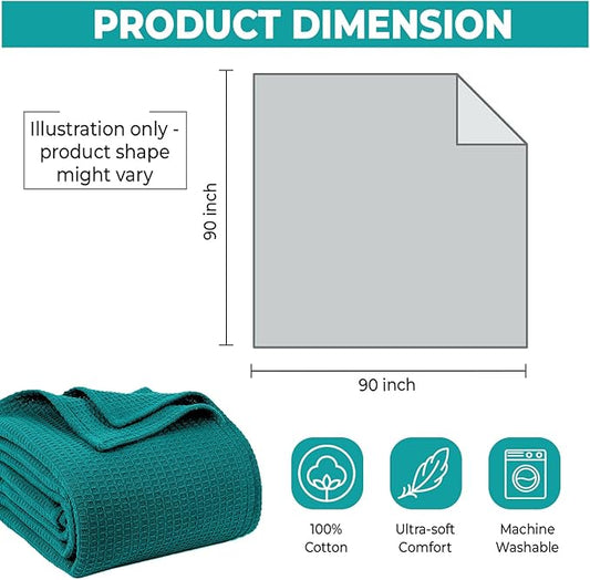 100% Cotton Blankets Queen Size for Bed - Waffle Weave Blankets for Summer, Lightweight and Breathable Soft Woven Blanket for Spring, (Teal, Queen (90" x 90"))