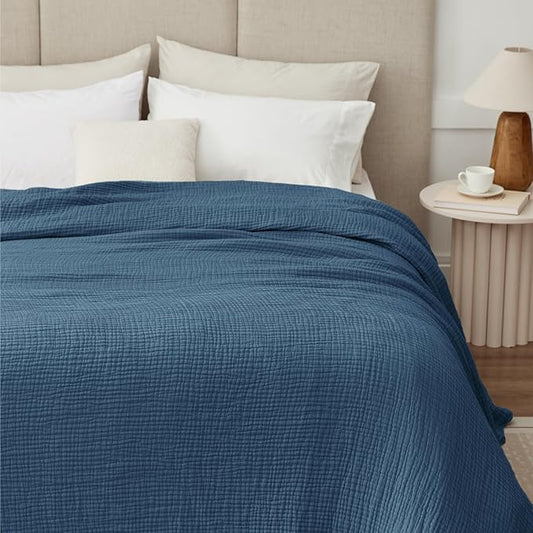100% Cotton Light Blue Throw Blanket 50" x 70", 6 Layers Large Breathable and Lightweight Cotton Blanket for Couch, Soft Quilt Bedspread, Gauze Blanket for Adults All Season, Blue