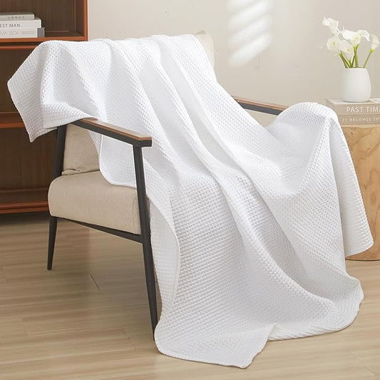 PHF Pre-Washed Cotton Waffle Weave Blanket Throw Size for Couch Bed,Snag Proof Spring Summer Lightweight Breathable,Oeko-TEX Certified,Machine Washable, Home Decor Gift-White