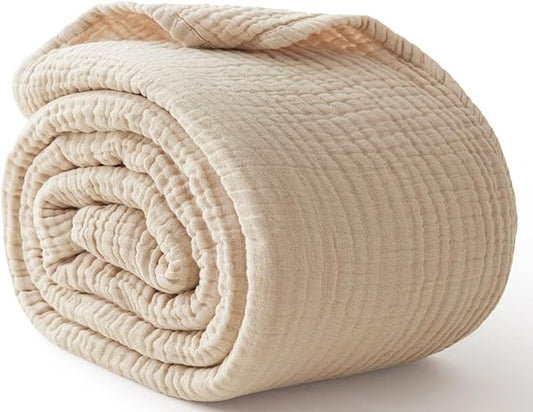 100% Cotton King Size Blankets for Bed 108" x 90", 6 Layers Cooling and Soft Muslin Throw Blanket, Lightweight Quilt Bedspread Coverlet, Gauze Blanket for Adults All Season, Linen Beige