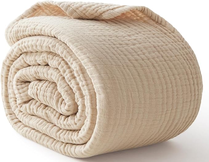 100% Cotton Muslin Blanket Queen 90" x 90", 6 Layers Breathable and Lightweight Cotton Throw Blanket for Bed, Soft Quilt Bedspread Coverlet, Gauze Blanket for Adults All Season, Beige Linen, Oatmeal