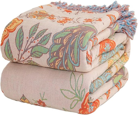 Fall Boho Throw Blankets for Bed Couch, 100% Soft Cozy Cotton Blanket Rustic Quilt 60"x80",Lightweight Reversible Muslin Farmhouse Decor Blankets for Armchair,Picnic,Sofa,Couch