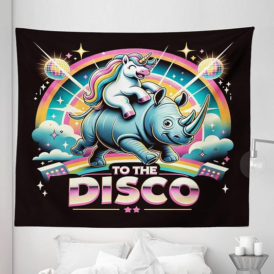 Ambesonne Funny Tapestry King Size, Whimsical Colorful to the Disco Lettering Cheery Unicorn Riding a Wild Animal, Wall Hanging Bedspread Bed Cover Wall Decor, 104" X 88", Black Multicolor