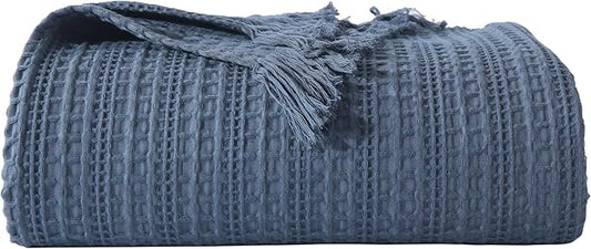 100% Cotton Waffle King Blanket with Fringe 104"x90", Pre-Washed Waffle Weave Blanket for All Season, Lightweight Breathable Soft Cozy Throw Blanket for Couch, Bed, Travel (Blue)