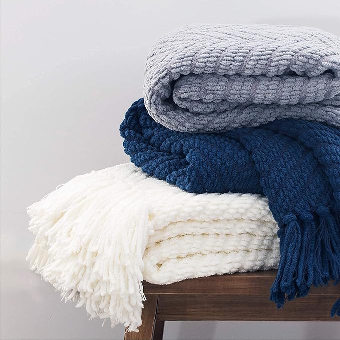 Bedsure Throw Blankets for Couch - Textured Chunky Knit Woven Chenille Blanket - Super Soft, Warm Decorative Boho Throw with Tassels for Bed, Sofa and Living Room Decor, Grey, 60x80 Inches