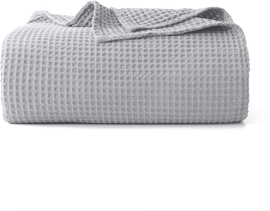 100% Cotton Waffle Blanket (Light Grey - Twin Size - 66 * 90''), Pre-Washed and Anti-Shrinkage Soft Lightweight Bed & Couch Blanket, 380 GSM Waffle Weave Throw Blanket for All Seasons