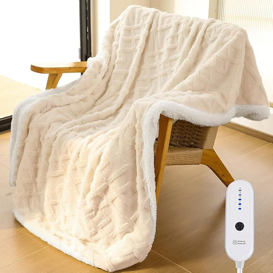 ESTINGO Faux Fur Electric Throw Blanket, Luxury Furry Throw Heated Blanket, 3D Geometric Thick Rabbit Fux Fluffy Heating Blanket with 5 Heating Levels & 4 Hours Auto Off, 50" x 60" Milk Coffee