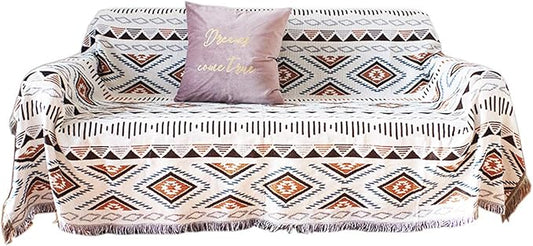 Luxlovery Bohemian Sofa Throw Blankets Ethnic Woven Boho Hippie Tribal Throw Blanket for Couch Aztec Bed Throws Oversized Navy Beige and Blue Fringe Farmhouse Chair Sofa Cover with Tassels(63"x86")