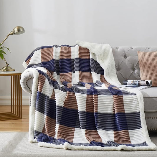 PU MEI Sherpa Blanket Full/Queen Plaid Thick Bed Blanket, 90”*80” Super Soft Flannel Fuzzy Fleece Reversible Velvet Plush Warm Blanket for Couch (Navy Check, 80"*90")
