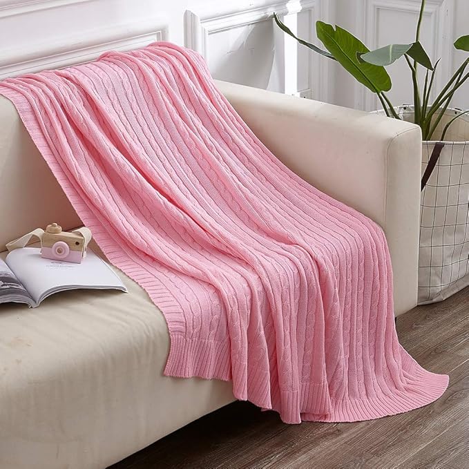 NTBAY 100% Pure Cotton Cable Knit Throw Blanket, Super Soft Warm 51x67 Knitted Throw Blanket for Couch, Sofa, Chair, Bed - Extra Cozy, Machine Washable, Comfortable Home Decor, Pink
