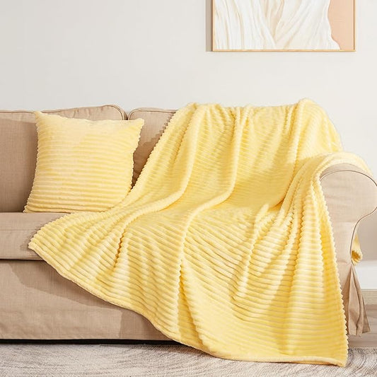 Vessia Flannel Throw Blanket with Pillow Cover for Couch,Sofa,Bed, 300GSM Striped Light Yellow Blanket for Adults, Super Soft Warm Cozy Ribbed Pale Yellow Throw for All-Season(50x71 inch)