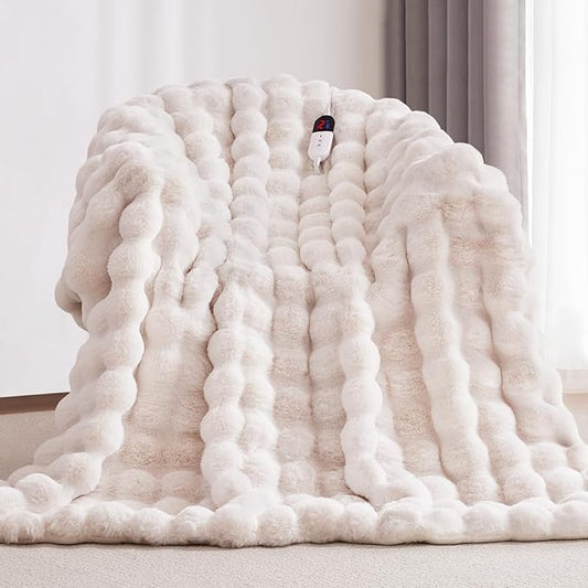 Heated Blanket Throw with 1/2/4/6/8 Hours Auto-Off 10 Heat Level, 50'' * 60'' Cozy Faux Rabbit Fur Bubble Electric Blanket with Overheat Protection(White)