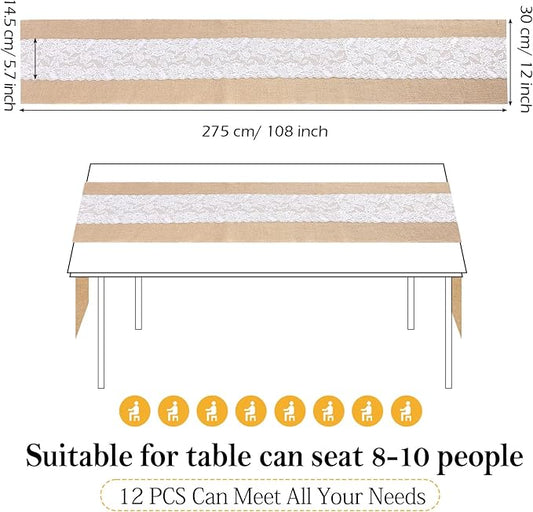 Chumia 12 Pcs 12 x 108 Inch Wedding Burlap Table Runners with White Lace Rustic Runner Decor Vintage Romantic Table Cloth Party Favors for Engagement Birthday Hotel Home Decor(Stylish Style)
