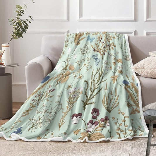 Wildflowers Throw Blanket Vintage Botanical Floral Printed Blanket Super Soft Flannel Throw Blanket Lightweight Fluffy Green Fuzzy Bed Blanket for Bedding Sofa and Travel,60X80IN
