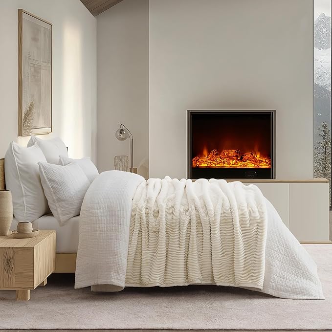 Ultra Soft Faux Fur Throw Blanket for Couch, Luxury Sculpted Texture Faux Rabbit Fur Blanket for Bed, Fluffy Thick Plush Warm Fuzzy Throw, 920GSM (Ivory White, 50''x60'')