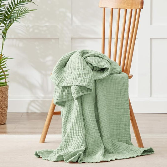 100% Cotton Muslin Blanket Twin XL 66" x 90", 6 Layers Cooling and Soft Twin Blankets for Bed, Lightweight Boho Coverlet Bedspread, Gauze Bedding for All Season, Sage Green