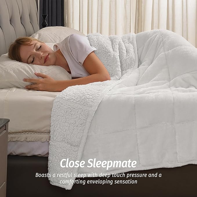 Wemore Sherpa Fleece Weighted Blanket for Adult,20 lbs Dual Sided Cozy Fluffy Heavy Blanket,Ultra Fuzzy Throw Blanket with Soft Plush Flannel Top,60 x 80 inches White on Both Sides