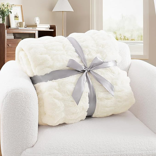 Ultra-Soft Faux Rabbit Fur Throw Blanket 50"x60", Cozy Fuzzy & Plush Blanket for Couch & Sofa Home Decor, Fluffy Thick Throw, A Warm Gift for Women, Cream/Beige
