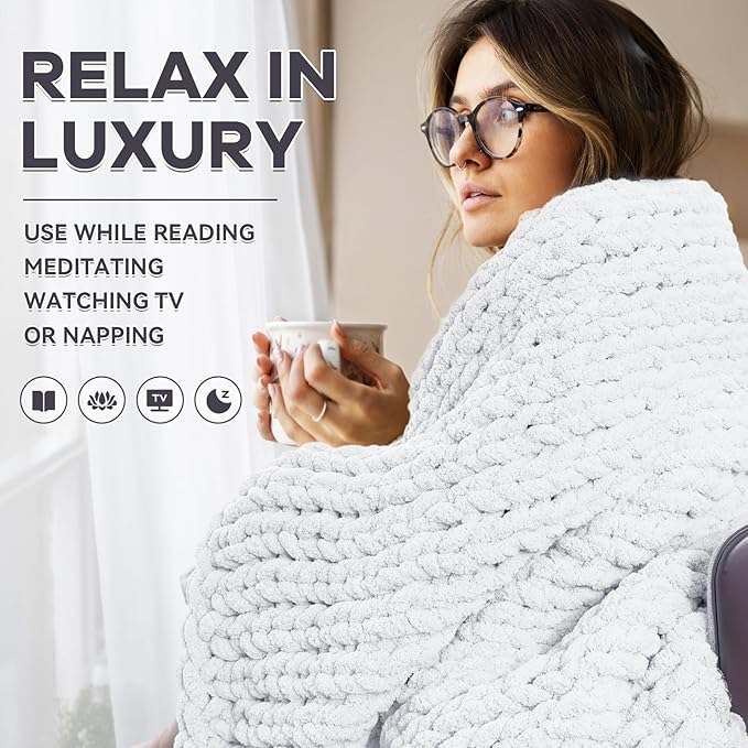 Chunky Knit Blanket - Luxury Soft Cozy Queen Size(50 * 60) Throw Blanket,100% Woven Blanket Rope Knot Throw Blanket for Couch, Sofa, Home Decor, Gift - Machine Washable（White）