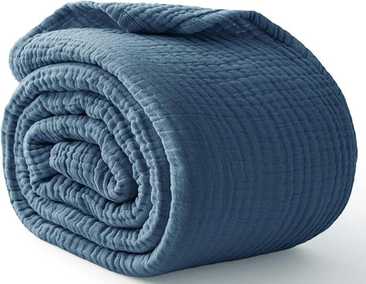 100% Cotton Light Blue Throw Blanket 50" x 70", 6 Layers Large Breathable and Lightweight Cotton Blanket for Couch, Soft Quilt Bedspread, Gauze Blanket for Adults All Season, Blue