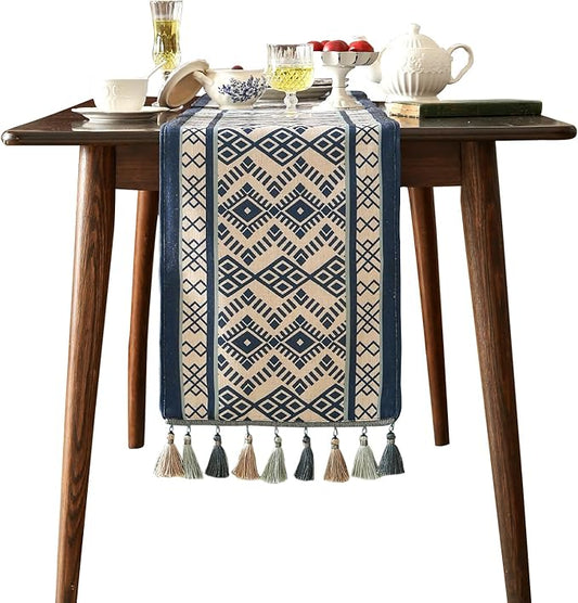 Chinoiserie Small Blue Stripe Cloth Runner for Table,Decorative Linen 63 Inches Long Table Runners,Decor Tabletop for Kitchen,Dining,Party,Home,Christmas,12"*63"