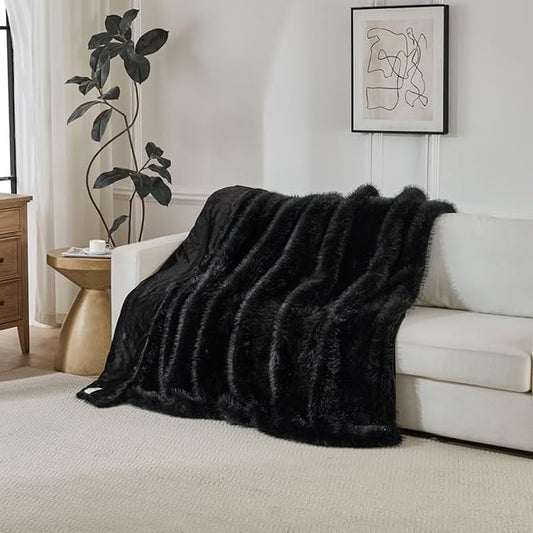 Luxury Fluffy Faux Fur Throw Blanket,Thick Fluffy Fuzzy Cozy Blanket,Plush Blankets for Couch, Sofa, Chair, Bed-Black,60x80