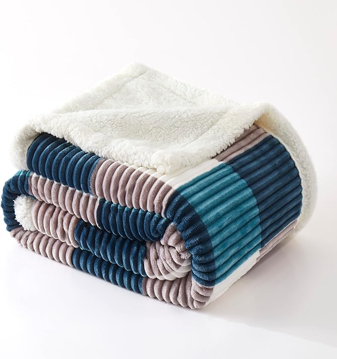 PU MEI Sherpa Blanket Twin Plaid Thick Bed Blanket, 90”*80” Super Soft Flannel Fuzzy Fleece Reversible Velvet Plush Warm Blanket for Couch (Teal Check, 80"*90")